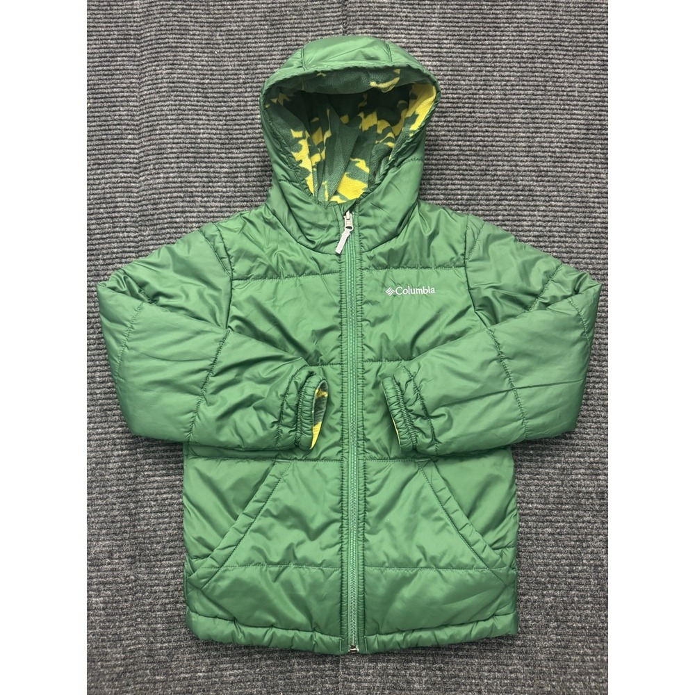 Columbia Boys Reversible Puffer Jacket Hooded Green Camo Insulated Coat Small